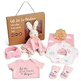 Lictin Geschenke zur Geburt, Rosa Geschenk zur Geburt Mädchen, Babygeschenke zur Geburt Mädchen mit Strampler, Decke, Lätzchen, Socken, Kopftuch, Kaninchen Schmusetuch, Baby Holzschild
