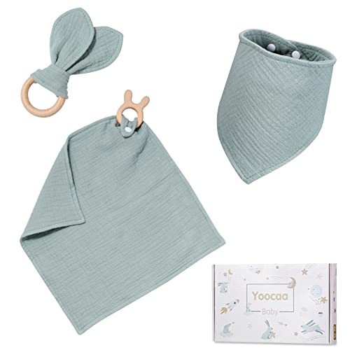 Yoocaa Baby Geschenk zur Geburt Junge & Mädchen - 100% Baumwolle Schmusetuch, Lätzchen und Beißring Geschenke zur Geburt (Mint)