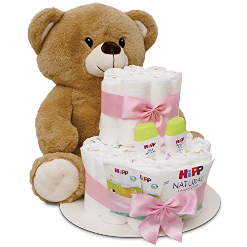 MilaBoo® Rosa Windeltorte Mädchen mit kuscheligen großen Teddybär I hochwertiges Neugeborenen Geschenk mit Windeln und Produkten von Hipp I persönliches Babygeschenk zur Geburt