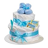 Windeltorte 2 stöckig in Blau mit Babysocken für Junge, Pinkelparty Geschenke zur Geburt, Taufe oder Baby-Party - Geschenkidee mit neugeborene Windeln - Inkl. Glückwunschkarte