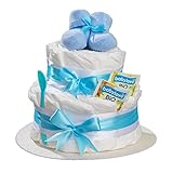 Windeltorte Junge 2 stöckig in Blau mit Babysocken, Geschenke zur Geburt für die Mutter, Taufe oder Baby-Party - Geschenkidee mit neugeborene Windeln - Inklusive Glückwunschkarte