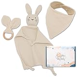 Neugeborenen Musselin Baby Geschenk Schnuffeltuch für Junge & Mädchen babygeschenke zur geburt newborn set fürbabyparty Lätzchen Beißring und Schmusetuch Geschenkset Beige