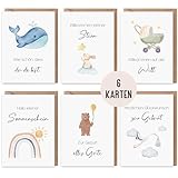6 Glückwunschkarten zur Geburt Baby | Set 6 Klappkarten inklusive Naturkuvert Geburt Baby Mädchen und Junge | Karten Geburt | süße Grußkarte Baby aquarell (Geburt Baby)