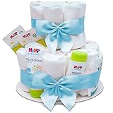 MilaBoo® 2-stöckige Windeltorte Junge mit Premiumprodukten von HIPP I Besonderes Geschenk zur Geburt I Persönliches Babygeschenk zur Taufe und Babyparty (blau)