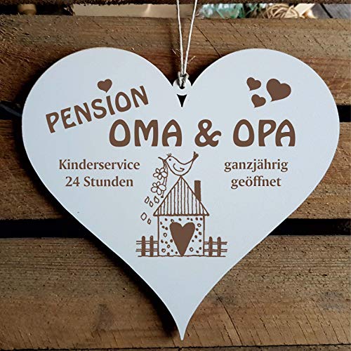 Schild Herz Spruch - Pension Oma & Opa ganzjährig geöffnet - Holzschild Türschild 13x12cm | Dekolando Home Accessoires