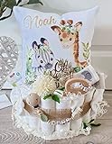 Windeltorte mit Name | Kuschelkissen Giraffe Zebra | personalisiert | Geschenk zur Geburt | Babyparty | Grußkarte