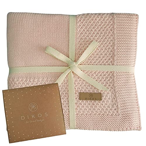 DIKOS Babydecke aus 100% Bio Baumwolle rosa | Neugeborenen Baby Decke | atmungsaktive Strickdecke mit Bordüre | nachhaltige Kuscheldecke Baumwolldecke | Erstausstattung Geschenk zur Geburt Mädchen