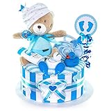 MomsStory - Windeltorte Junge | Windelgeschenk Teddy | Baby-Geschenk zur Geburt Taufe Babyparty | Babytorte 1 Stöckig (Blau) DIY Geburtsgeschenk
