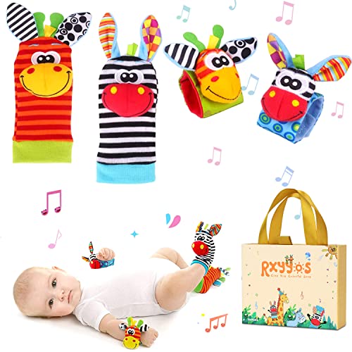 Baby Rasseln Spielzeug Handgelenk Und Socken, Plüschtiere Entwicklungs-Spielzeug für Neugeborene, Mädchen und Jungen, Baby Geschenk Mehrfarbig (2 Hände Rasseln + 2 Socken Rasseln)
