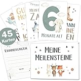 OLGS 45 Baby Meilensteinkarten Lino für Junge und Mädchen Meilenstein Karten Set + Geschenkbox schöne Geschenkidee zur Geburt, Taufe oder Babyparty (Tiere, weiß, Deutsch)