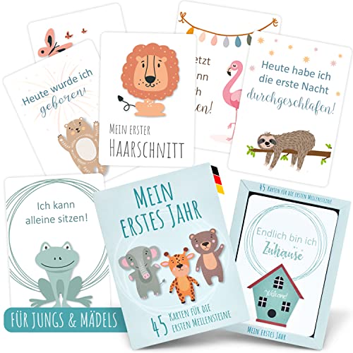 45 Baby Meilensteinkarten | 100% Nachhaltig | Geschenk zur Geburt für Junge und Mädchen | Made in Germany | Meilenstein Karten in einer Erinnerungsbox | Geschenkset zur Babyparty