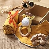 Baby Storch® Baby Geschenk zur Geburt Junge und Mädchen, 5-in-1-Set - Musselin Tuch, Lätzchen, Holz Spielzeug, Rassel, Geschenkverpackung