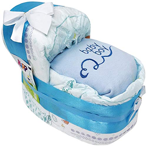 Kleines Windelbettchen baby boy für Jungen in blau hochwertig bestickt. Geschenk zur Geburt, Taufe oder Babyparty. Windeltorte