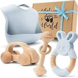 LUXS BABY Baby Geschenk Junge [4-Teilig] für Neugeborene | Handmade Spielzeug, Silikon Lätzchen, Holzauto, Beißring, Rassel | Geschenk zur Geburt, Babyparty