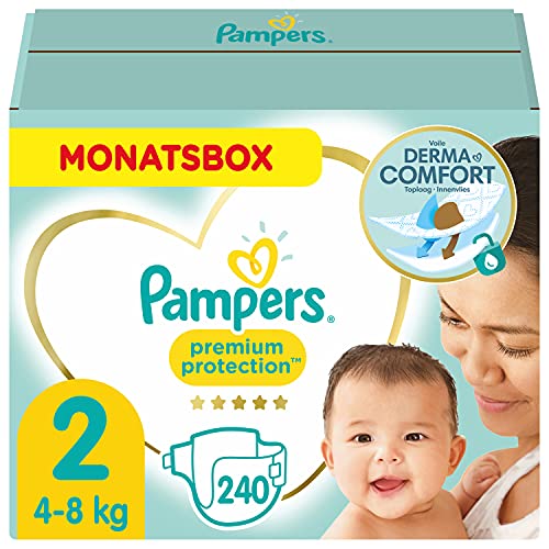 Pampers Baby Windeln Größe 2 (4-8kg) Premium Protection, Mini, 240 Stück, MONATSBOX, bester Komfort und Schutz für empfindliche Haut