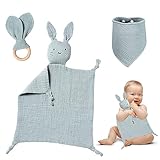 Funmo Baby Geschenk zur Geburt Geschenkset - Schmusetuch Geschenke Zur Geburt Personalisierte Geschenke Baby Schmusetuch, Beißring, Spucktuch, für Mädchen & Junge Lätzchen 0-36 Monate (Mint)