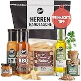 Gepp’s Feinkost Herrenhandtasche Geschenkkorb I Lustiges Männergeschenk gefüllt mit Delikatessen wie Knoblauch-Chili-Sauce, Edelkräuter-Olivenöl, Texas BBQ Rub I Männer Geschenkidee zu Weihnachten