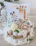 Windeltorte mit Name - Kuschelkissen Giraffe Zebra I Schnullerkette & Greifling - Geschenk, Babyparty, Geburt oder Taufe + auf Wunsch, gratis Grußkärtchen