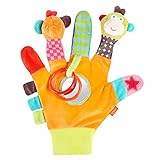 Fehn 074604 Spielhandschuh Safari – Fingerpuppen-Handschuh Affe und Elefant mit Rassel und Quietsche für Babys und Kleinkinder ab 0+ Monaten