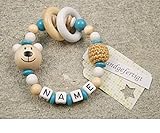 Baby Rassel personalisiert mit Namen | Mädchen & Jungen Babyspielzeug & Lernspielzeug als Geschenk zur Geburt, Taufe | Bär in weiß türkis