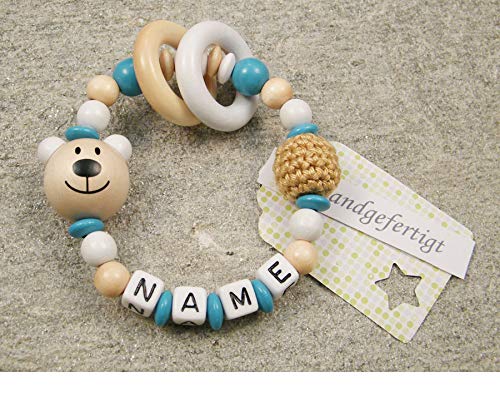 Baby Greifling Beißring geschlossen mit Namen - individuelles Holz Lernspielzeug als Geschenk zur Geburt Taufe - Mädchen Jungen Motiv Bär in weiss türkis