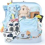 Baby Geschenk Junge Neugeborenen Geschenk zur Geburt mit Elefant Schmusetuch/Musselin Decke/Baby Strampler/Lätzchen/Rassel Blau Geschenkbox Babyparty Baby Shower Gender Reveal Geschenk Baby Junge