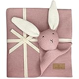 DIKOS® Original Babydecke SCHMUSE-HASE rosa | 100% Bio-Baumwolle Neugeborenen Decke | nachhaltige Kuscheldecke Strick Mädchen | Schmusedecke Kinderwagen | Baby Erstausstattung | Geschenk zur Geburt