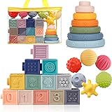 Montessori Spielzeug für Baby 6-12 Monate, 3 in 1 Stapelspiel Bausteine Babyspielzeug Set ab 1 2 3 Jahre Sensorik Spielzeug Lernspielzeug für Kleinkind, Beißring Stapelspiel für Kleinkinder