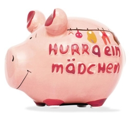 Sparschwein Spardose Sparbüchse Hurra ein Mädchen Geldgeschenk Geburt -