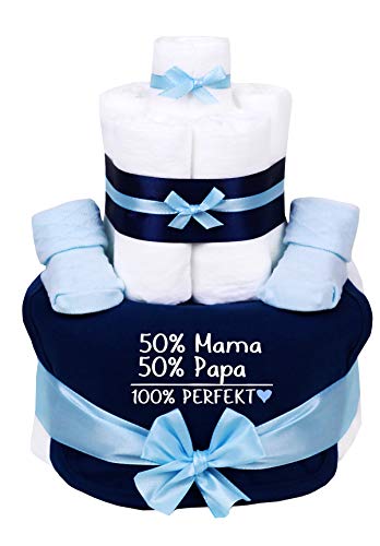 Trend Mama Windeltorte blau-hellblau Junge Lätzchen Babysocken 50% Mama, 50% Papa,100% Perfekt - 1