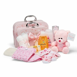 Baby Geschenkset I Geschenk Geburt & Taufe I Originelle Geschenkidee für Neugeborene – 2 Süße Erinnerungsboxen mit Teddy, Kleidung, Lätzchen, Badeschaum – Geschenke zur Geburt Mädchen - 1