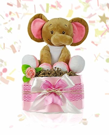 dubistda© Windeltorte Mädchen LITTLE PEANUT + große Elefanten Spieluhr | Geschenk für Mädchen zur Geburt Babyparty Babyshower (rosa) - 2