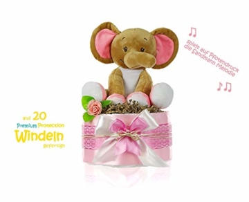 dubistda© Windeltorte Mädchen LITTLE PEANUT + große Elefanten Spieluhr | Geschenk für Mädchen zur Geburt Babyparty Babyshower (rosa) - 4