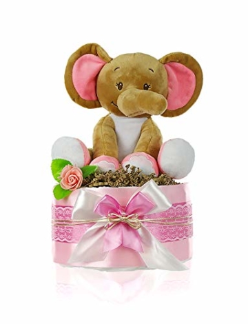 dubistda© Windeltorte Mädchen LITTLE PEANUT + große Elefanten Spieluhr | Geschenk für Mädchen zur Geburt Babyparty Babyshower (rosa) - 1