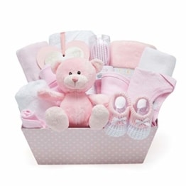 Neuer Babyparty Geschenkkorb in Rosa - mit Fleece, Kapuzenhandtuch, Babykleidung, 2 Mulltüchern und süßem Teddybär - Taufgeschenke für Mädchen oder Junge - 1