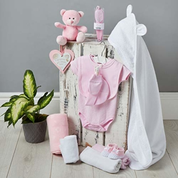 Neuer Babyparty Geschenkkorb in Rosa - mit Fleece, Kapuzenhandtuch, Babykleidung, 2 Mulltüchern und süßem Teddybär - Taufgeschenke für Mädchen oder Junge - 4