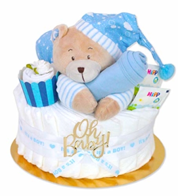 Trend Mama Windeltorte Junge -Traum in hellblau- mit Spieluhr Bär-hellblaues Lätzchen-Baby Tee-Babysocken als Muffin dekoriert- - 1