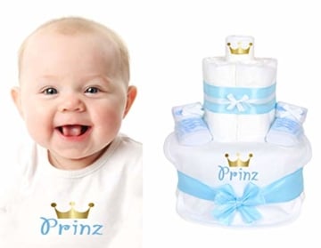 Trend Mama Windeltorte Prinz -hochwertig verpackt im Geschenkkarton- hellblau Junge Babysocken Sneaker Style + bedrucktes Lätzchen - Prinz mit goldener Krone - 2