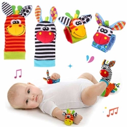 Hmjunboys Baby Rasseln Spielzeug Handgelenk Und Socken, Plüschtiere Entwicklungs-Spielzeug für Neugeborene, Mädchen und Jungen, Baby Geschenk Mehrfarbig (2 Hände Rasseln + 2 Socken Rasseln) - 1