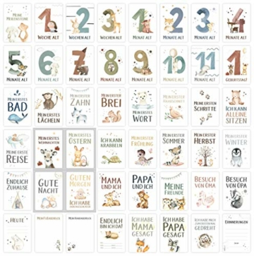 45 Baby Meilensteinkarten Lino für Junge und Mädchen Meilenstein Karten Set + Geschenkbox schöne Geschenkidee zur Geburt, Taufe oder Babyparty (Tiere, weiß, Deutsch) - 3