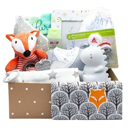 Kelzia Geschenkbox für Neugeborene - Willkommensgeschenk mit Baumwollkleidung, biologisch abbaubaren Windeln, Plüschtier, Bilderrahmen und mehr - vegan, antiallergische Baumwolle - Unisex (Box 1) - 1