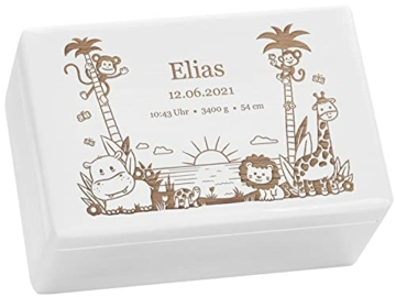LAUBLUST Erinnerungsbox Baby Personalisiert - Dschungel - Geschenk zur Geburt | M - ca. 30x20x14cm, Holzkiste Weiß FSC® - 1